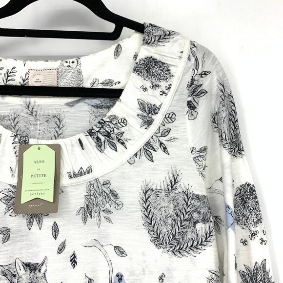 Anthropologie Postmark 3/4 Sleeve Graphic T-Shirt Womens M Woodland Creatures - Picture 3 of 7